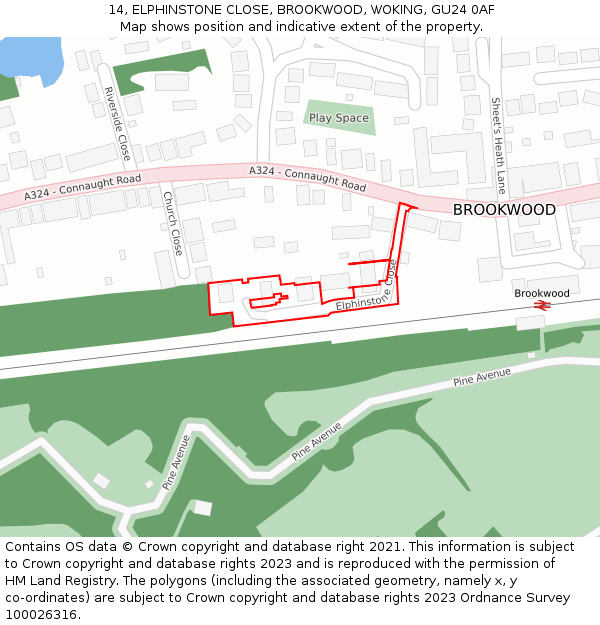 14, ELPHINSTONE CLOSE, BROOKWOOD, WOKING, GU24 0AF: Location map and indicative extent of plot