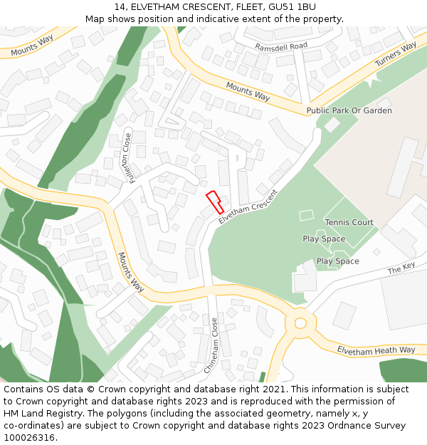 14, ELVETHAM CRESCENT, FLEET, GU51 1BU: Location map and indicative extent of plot