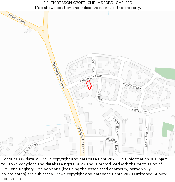 14, EMBERSON CROFT, CHELMSFORD, CM1 4FD: Location map and indicative extent of plot