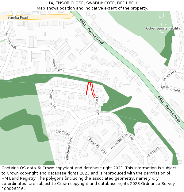 14, ENSOR CLOSE, SWADLINCOTE, DE11 8EH: Location map and indicative extent of plot