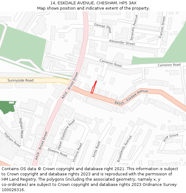 14, ESKDALE AVENUE, CHESHAM, HP5 3AX: Location map and indicative extent of plot