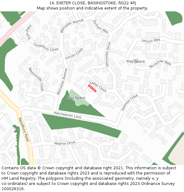 14, EXETER CLOSE, BASINGSTOKE, RG22 4PJ: Location map and indicative extent of plot