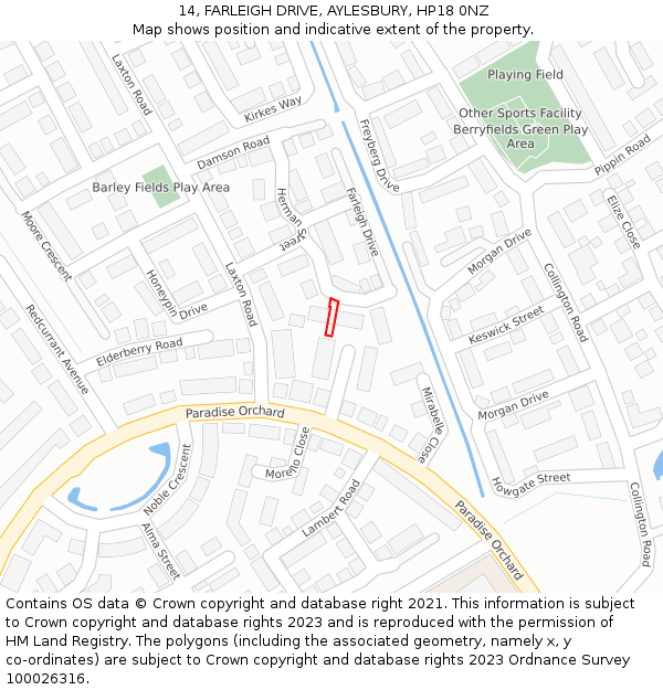 14, FARLEIGH DRIVE, AYLESBURY, HP18 0NZ: Location map and indicative extent of plot