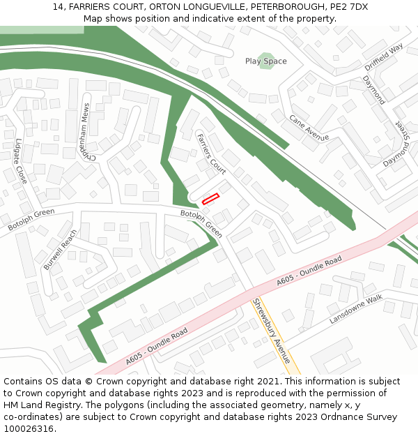 14, FARRIERS COURT, ORTON LONGUEVILLE, PETERBOROUGH, PE2 7DX: Location map and indicative extent of plot