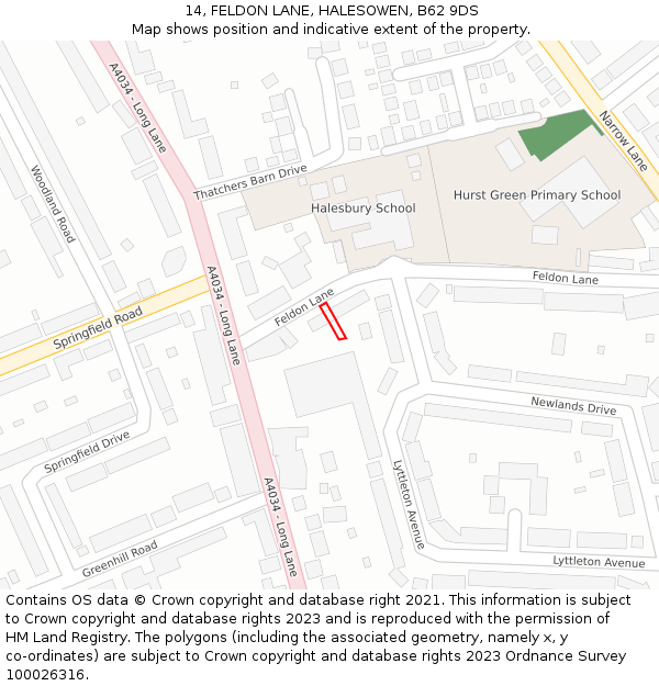 14, FELDON LANE, HALESOWEN, B62 9DS: Location map and indicative extent of plot