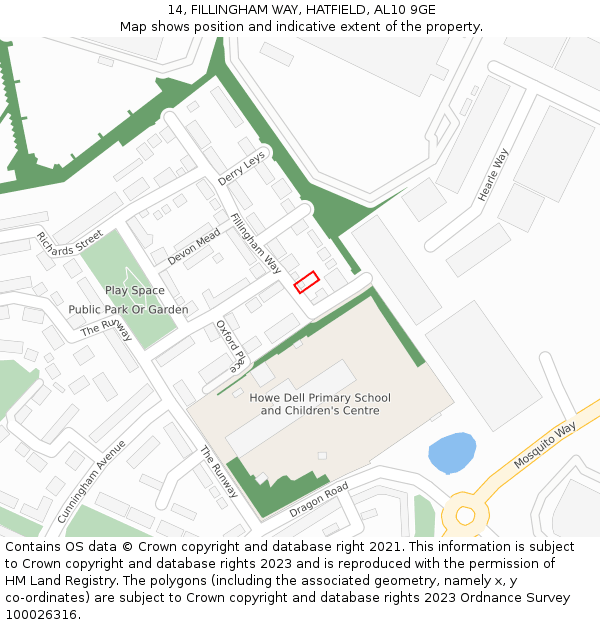 14, FILLINGHAM WAY, HATFIELD, AL10 9GE: Location map and indicative extent of plot