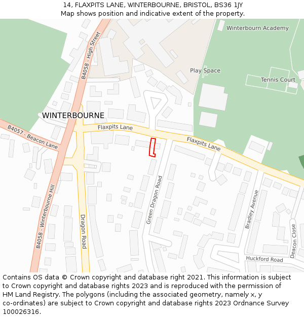 14, FLAXPITS LANE, WINTERBOURNE, BRISTOL, BS36 1JY: Location map and indicative extent of plot