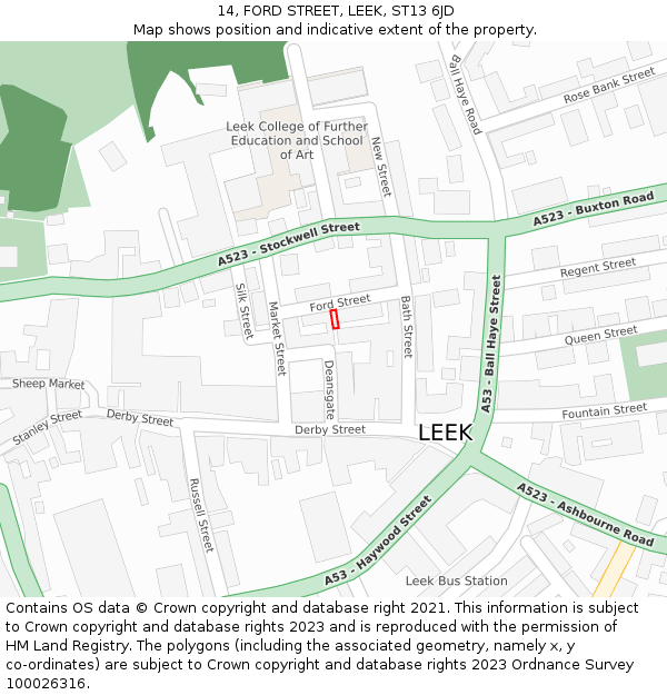14, FORD STREET, LEEK, ST13 6JD: Location map and indicative extent of plot