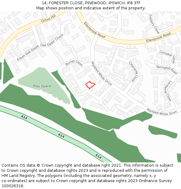 14, FORESTER CLOSE, PINEWOOD, IPSWICH, IP8 3TF: Location map and indicative extent of plot