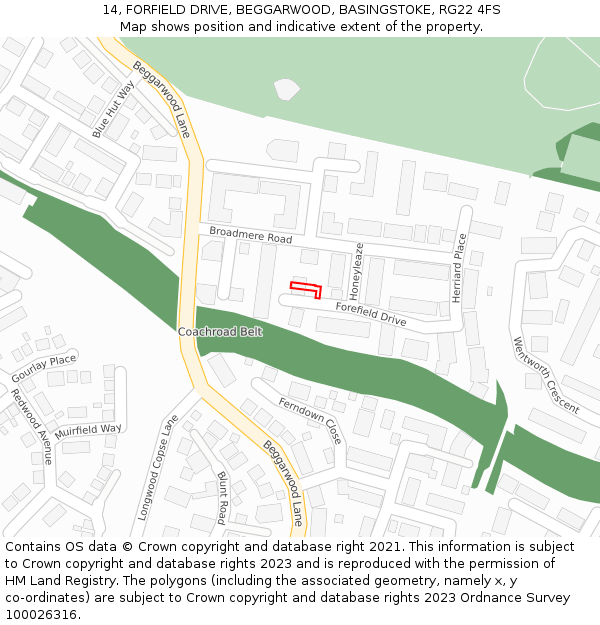 14, FORFIELD DRIVE, BEGGARWOOD, BASINGSTOKE, RG22 4FS: Location map and indicative extent of plot