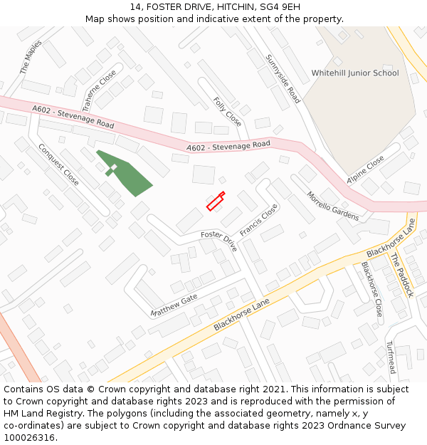 14, FOSTER DRIVE, HITCHIN, SG4 9EH: Location map and indicative extent of plot