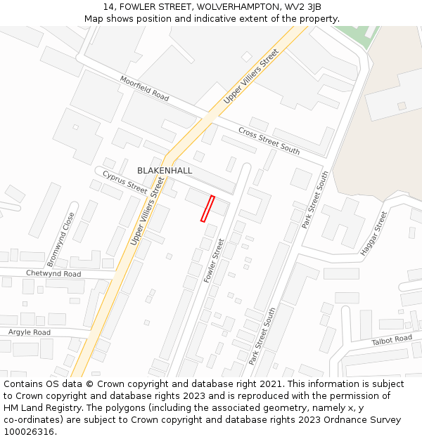 14, FOWLER STREET, WOLVERHAMPTON, WV2 3JB: Location map and indicative extent of plot