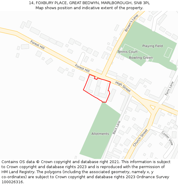 14, FOXBURY PLACE, GREAT BEDWYN, MARLBOROUGH, SN8 3PL: Location map and indicative extent of plot