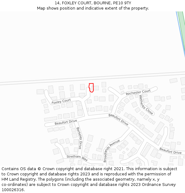 14, FOXLEY COURT, BOURNE, PE10 9TY: Location map and indicative extent of plot