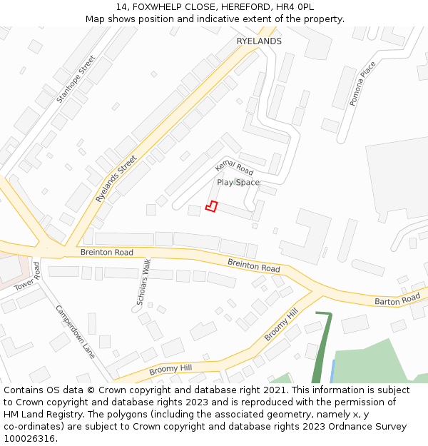 14, FOXWHELP CLOSE, HEREFORD, HR4 0PL: Location map and indicative extent of plot