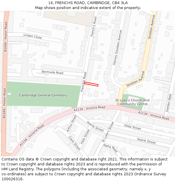 14, FRENCHS ROAD, CAMBRIDGE, CB4 3LA: Location map and indicative extent of plot