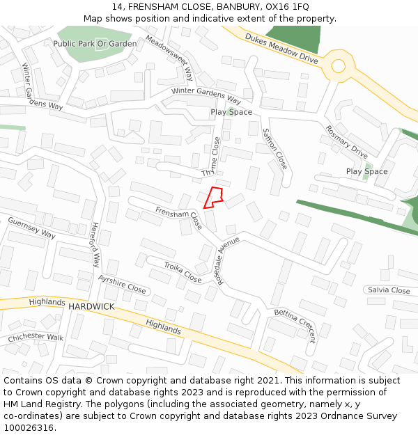 14, FRENSHAM CLOSE, BANBURY, OX16 1FQ: Location map and indicative extent of plot
