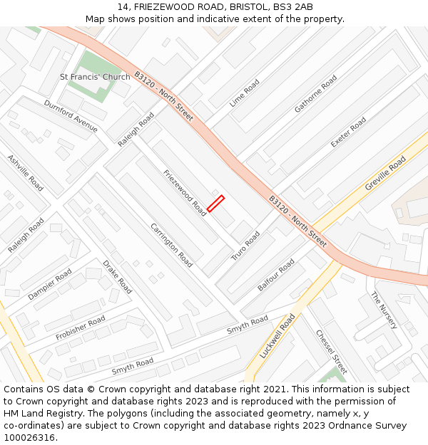 14, FRIEZEWOOD ROAD, BRISTOL, BS3 2AB: Location map and indicative extent of plot