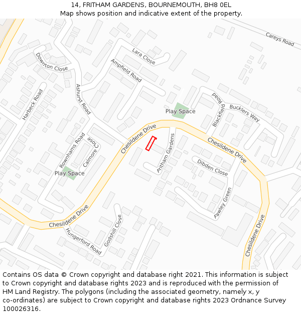 14, FRITHAM GARDENS, BOURNEMOUTH, BH8 0EL: Location map and indicative extent of plot