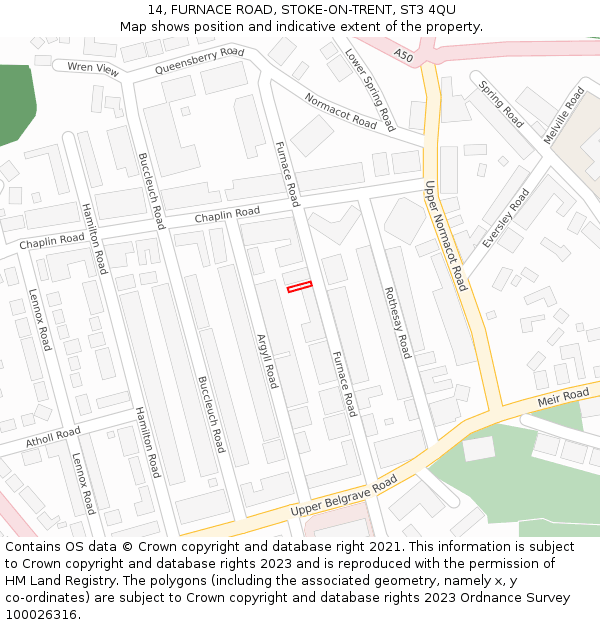 14, FURNACE ROAD, STOKE-ON-TRENT, ST3 4QU: Location map and indicative extent of plot
