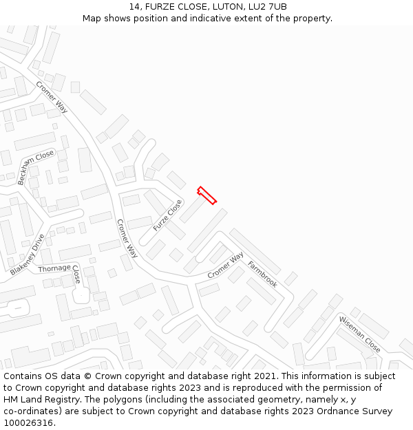 14, FURZE CLOSE, LUTON, LU2 7UB: Location map and indicative extent of plot