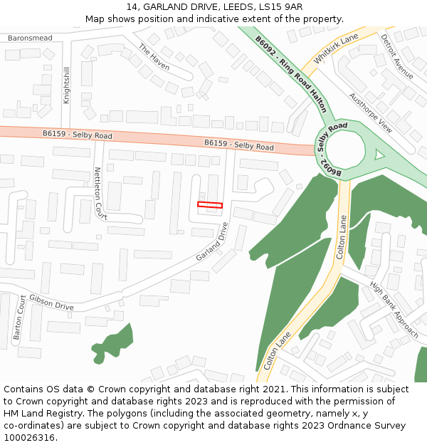14, GARLAND DRIVE, LEEDS, LS15 9AR: Location map and indicative extent of plot