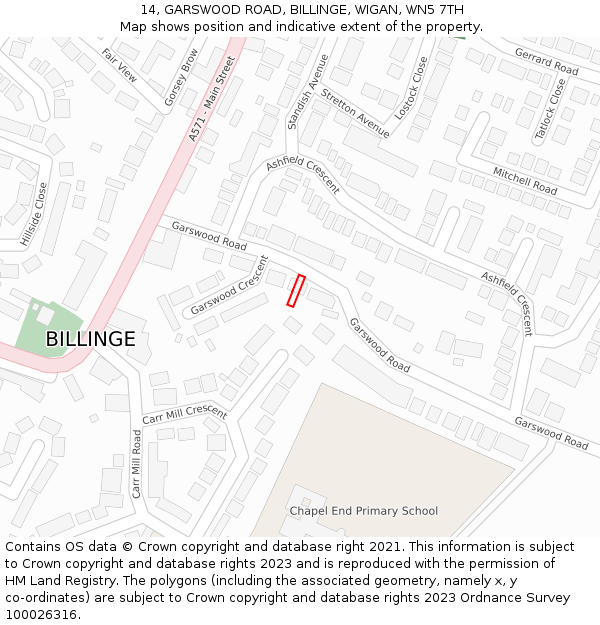 14, GARSWOOD ROAD, BILLINGE, WIGAN, WN5 7TH: Location map and indicative extent of plot
