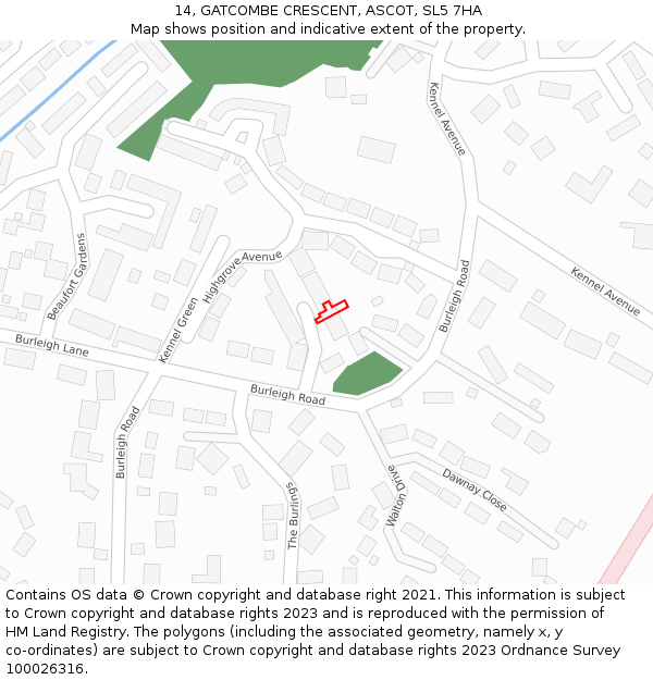 14, GATCOMBE CRESCENT, ASCOT, SL5 7HA: Location map and indicative extent of plot
