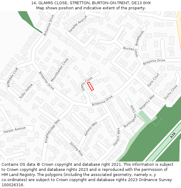 14, GLAMIS CLOSE, STRETTON, BURTON-ON-TRENT, DE13 0HX: Location map and indicative extent of plot