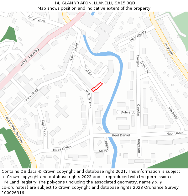 14, GLAN YR AFON, LLANELLI, SA15 3QB: Location map and indicative extent of plot