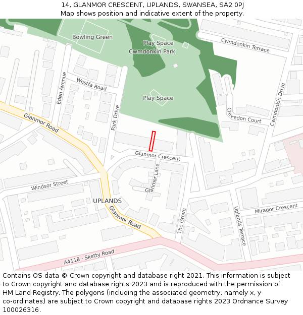 14, GLANMOR CRESCENT, UPLANDS, SWANSEA, SA2 0PJ: Location map and indicative extent of plot