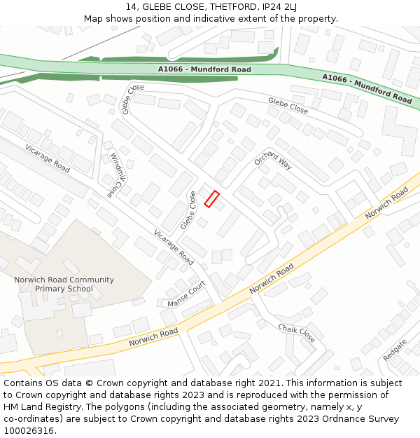 14, GLEBE CLOSE, THETFORD, IP24 2LJ: Location map and indicative extent of plot
