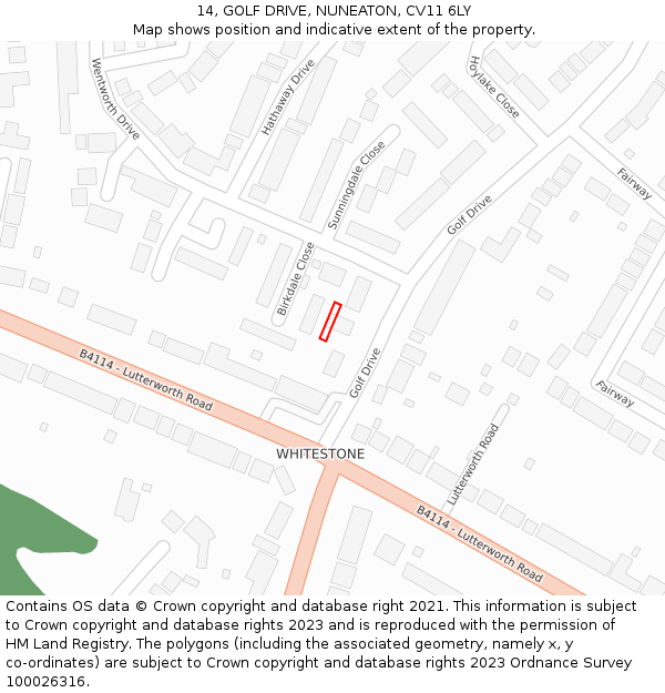 14, GOLF DRIVE, NUNEATON, CV11 6LY: Location map and indicative extent of plot