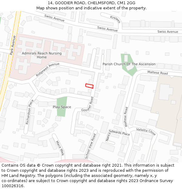 14, GOODIER ROAD, CHELMSFORD, CM1 2GG: Location map and indicative extent of plot