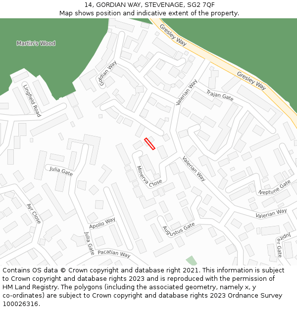 14, GORDIAN WAY, STEVENAGE, SG2 7QF: Location map and indicative extent of plot