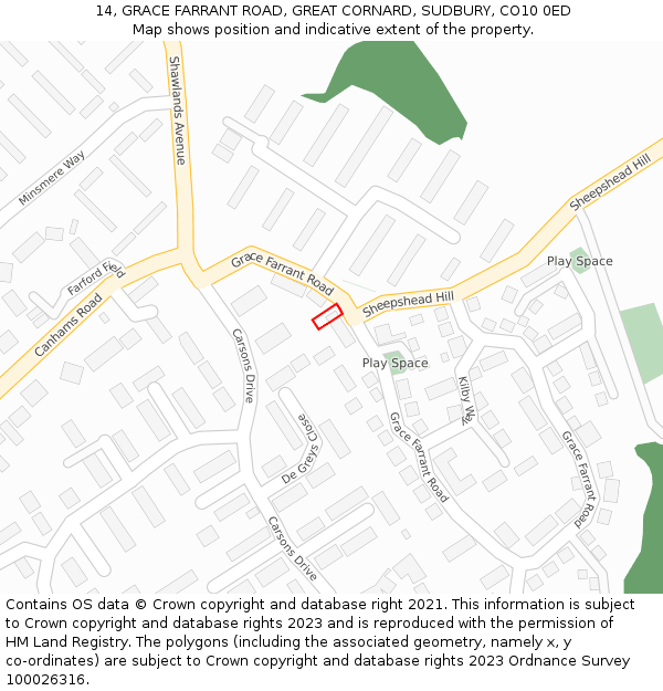 14, GRACE FARRANT ROAD, GREAT CORNARD, SUDBURY, CO10 0ED: Location map and indicative extent of plot