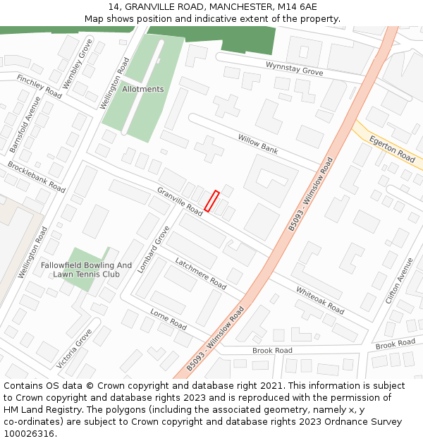 14, GRANVILLE ROAD, MANCHESTER, M14 6AE: Location map and indicative extent of plot