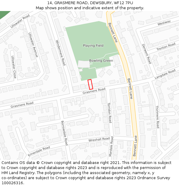 14, GRASMERE ROAD, DEWSBURY, WF12 7PU: Location map and indicative extent of plot