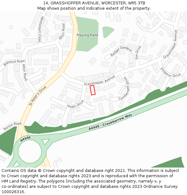 14, GRASSHOPPER AVENUE, WORCESTER, WR5 3TB: Location map and indicative extent of plot