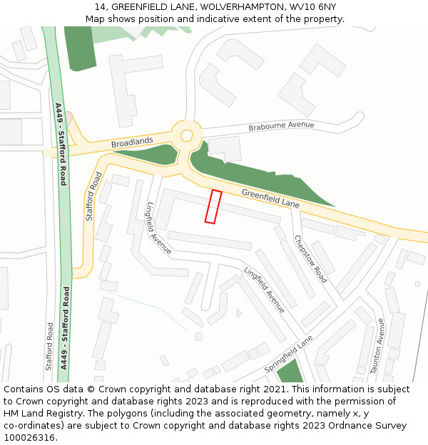 14, GREENFIELD LANE, WOLVERHAMPTON, WV10 6NY: Location map and indicative extent of plot