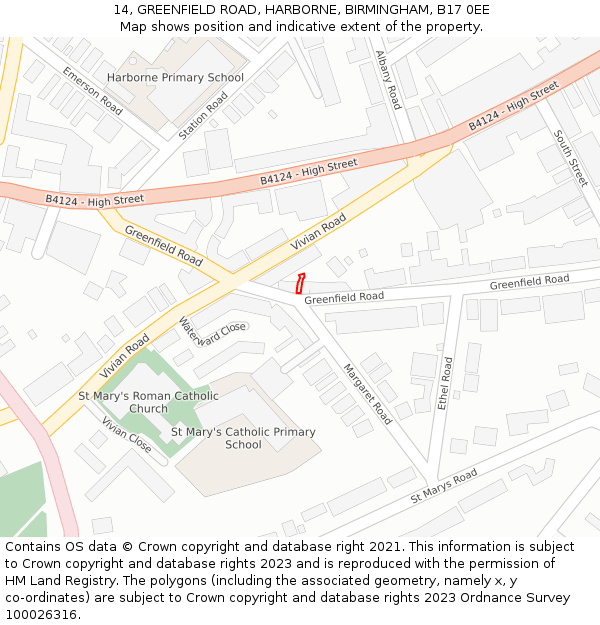 14, GREENFIELD ROAD, HARBORNE, BIRMINGHAM, B17 0EE: Location map and indicative extent of plot