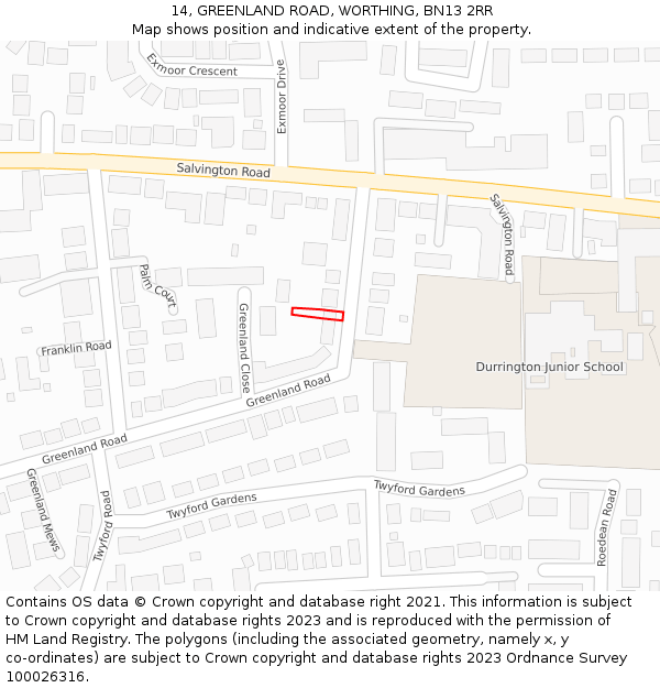 14, GREENLAND ROAD, WORTHING, BN13 2RR: Location map and indicative extent of plot