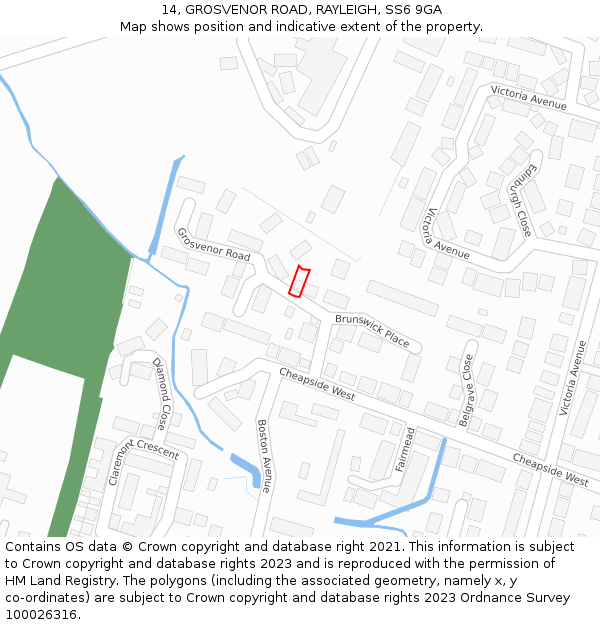 14, GROSVENOR ROAD, RAYLEIGH, SS6 9GA: Location map and indicative extent of plot