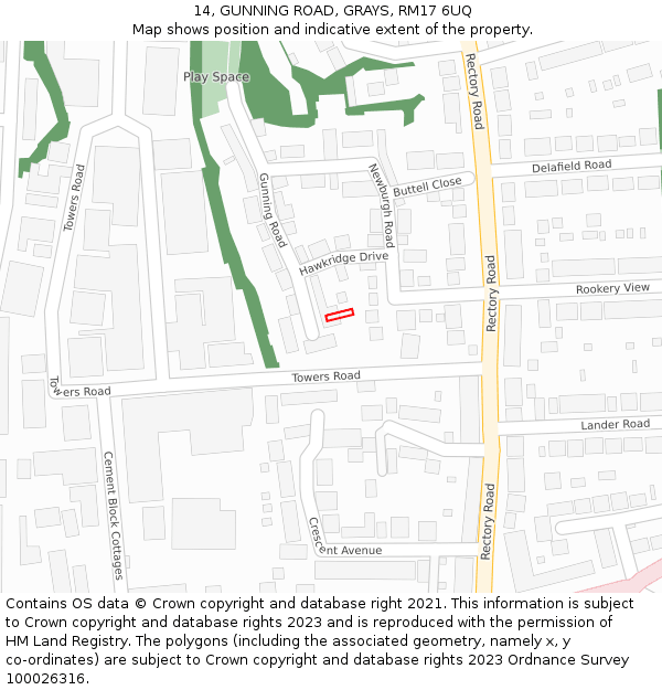 14, GUNNING ROAD, GRAYS, RM17 6UQ: Location map and indicative extent of plot