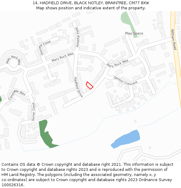 14, HADFIELD DRIVE, BLACK NOTLEY, BRAINTREE, CM77 8XW: Location map and indicative extent of plot