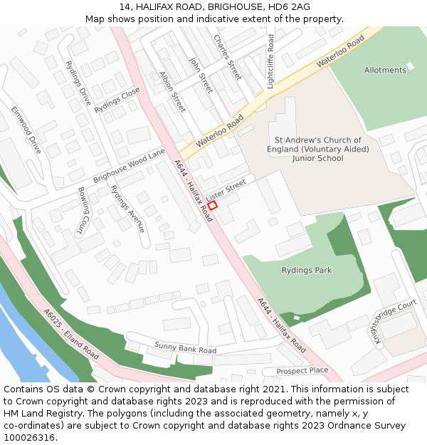 14, HALIFAX ROAD, BRIGHOUSE, HD6 2AG: Location map and indicative extent of plot