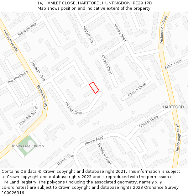 14, HAMLET CLOSE, HARTFORD, HUNTINGDON, PE29 1PD: Location map and indicative extent of plot