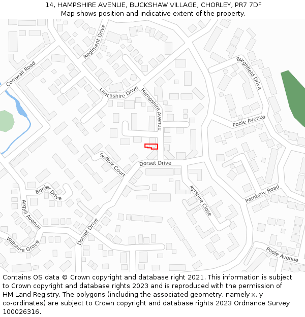 14, HAMPSHIRE AVENUE, BUCKSHAW VILLAGE, CHORLEY, PR7 7DF: Location map and indicative extent of plot