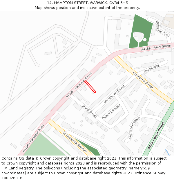 14, HAMPTON STREET, WARWICK, CV34 6HS: Location map and indicative extent of plot