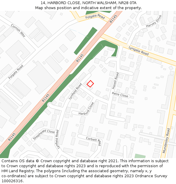 14, HARBORD CLOSE, NORTH WALSHAM, NR28 0TA: Location map and indicative extent of plot